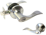 eBuilderDirect Satin Nickel residential grade entry door lever handle with keyway and inside view.