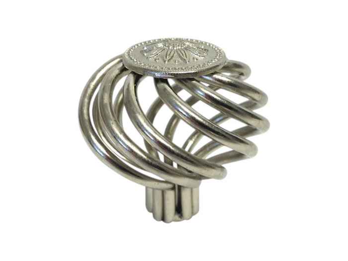 Satin nickel round knob with sunflower design, including a top view.