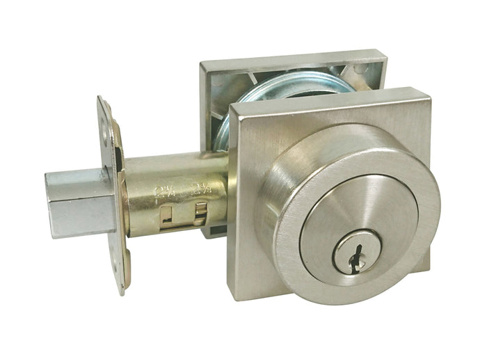 Satin Nickel Double Deadbolt With Modern Square Plate.