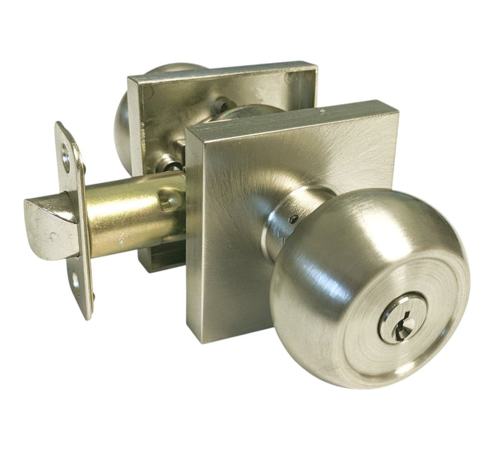 A satin nickel finish door knob with a square plate and round knob.