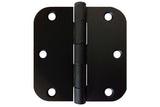 A black finish door hinge with a 3-1/2 inch x 3-1/2 inch size and 5/8 inch radius, featuring a visible pin and multiple screw holes.