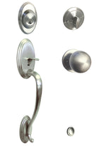 Satin Nickel Front Door Handleset With Round Interior Knob.