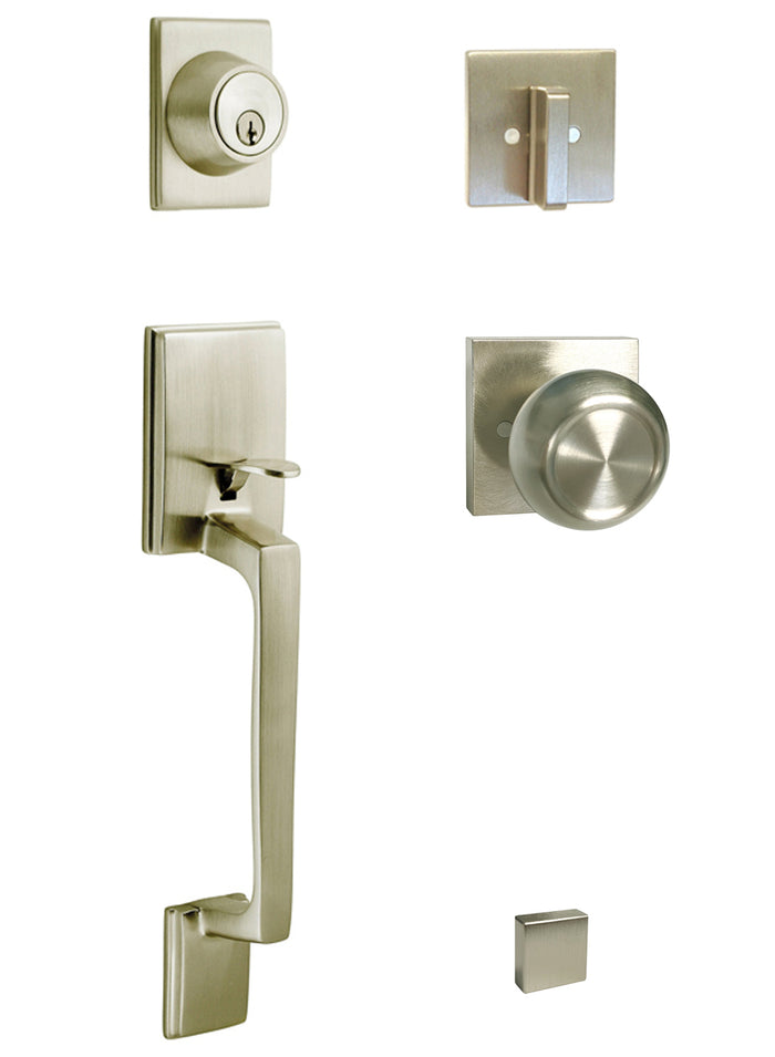 Satin Nickel Front Entry Lock Round Knobs Square Plate Door Handleset with Single Cylinder Deadbolt