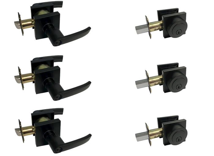 3 Pack Combo Black Square Entry Door Levers and Deadbolts