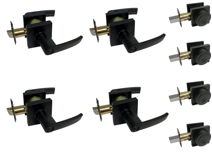 4 Pack Combo Black Finish Modern Square Entry Door Lever and Deadbolt