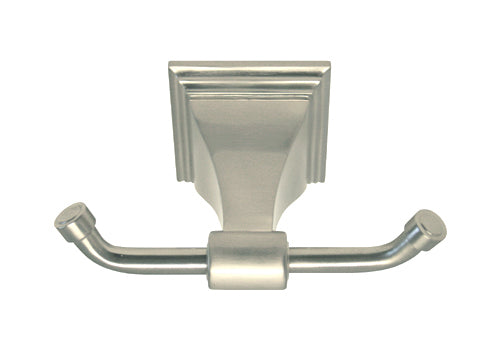 Satin Nickel double robe hook with square base.