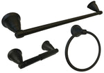 Matte Black Towel Bar Kit with 18" Towel Bar, Towel Ring, and Robe Hook with round base.