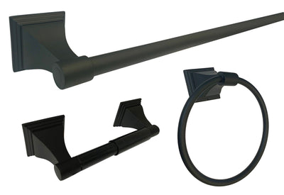 Matte Black Towel Bar Kit with 18" Towel Bar, Towel Ring, and Toilet Paper Holder with Square Base.
