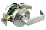 A satin chrome heavy duty entry door handle with a cylindrical rose and lever latch.