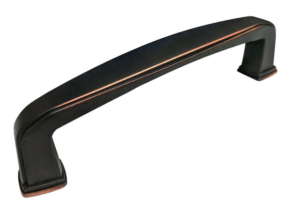 A  3 3/4" dark oil rubbed bronze kitchen cabinet pull with a smooth surface and curved shape.