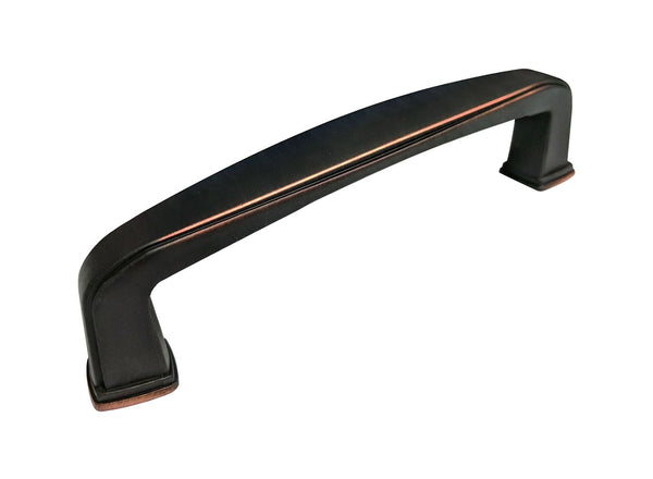 A 3" dark oil rubbed bronze kitchen cabinet pull handle.