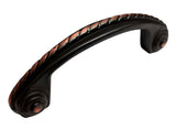 3" oil rubbed bronze cabinet rope pull with a curved design and visible screws on the back.