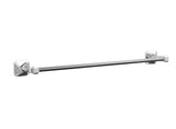 An 18 inch polished chrome towel bar with a wall mounted design, featuring a glossy chrome finish and mounting hardware.