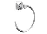 A polished chrome towel ring with a geometric profile and twist details, wall mounted design.