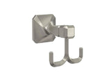 A satin nickel finish double robe hook with a wall-mounted design, featuring a geometric profile with twist details.