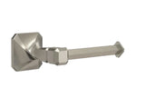 A wall-mounted satin nickel toilet paper holder with a single arm and a geometric profile.