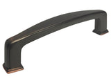Oil rubbed bronze kitchen cabinet pull, showing an arched design with metal construction.