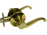 Polished brass passage door handle with lever on a square rose plate.