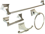 Polished chrome towel bar kit with 18" towel bar, towel ring, toilet paper holder, and double robe hook.