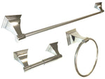 Polished chrome towel bar kit with 18" towel bar, towel ring, and toilet paper holder.