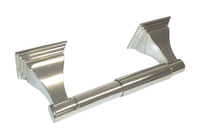 Polished chrome toilet paper holder with square base.