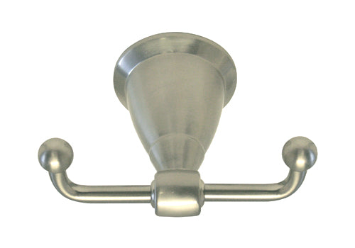 Satin Nickel Double Robe Hook with Round Base.