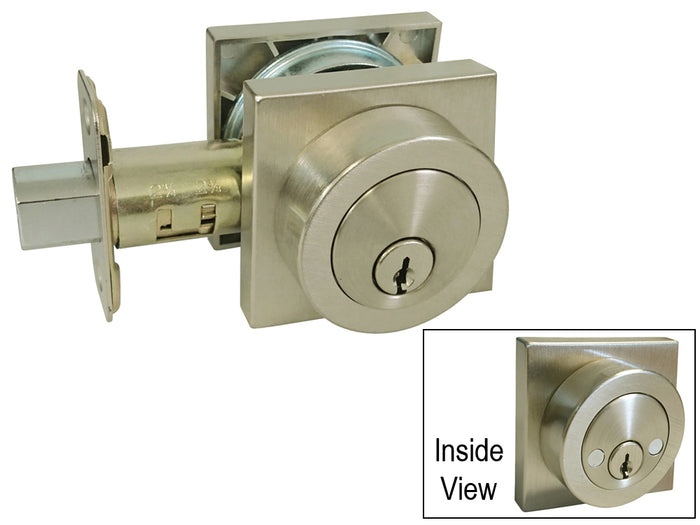 Satin Nickel Double Deadbolt With Modern Square Plate.