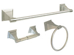 Satin nickel towel bar kit with 24" towel bar, towel ring, and toilet paper holder with square base.