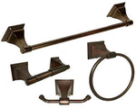 Oil rubbed bronze towel bar kit with 24" towel bar, towel ring, toilet paper holder, and double robe hook.
