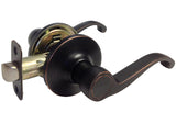 Dark oil rubbed bronze passage door handle lever on a round rose mounted on a door.